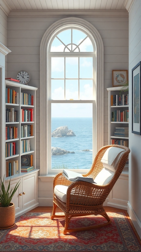 A cozy reading nook with a large window overlooking the ocean, featuring a comfortable chair and bookshelves.