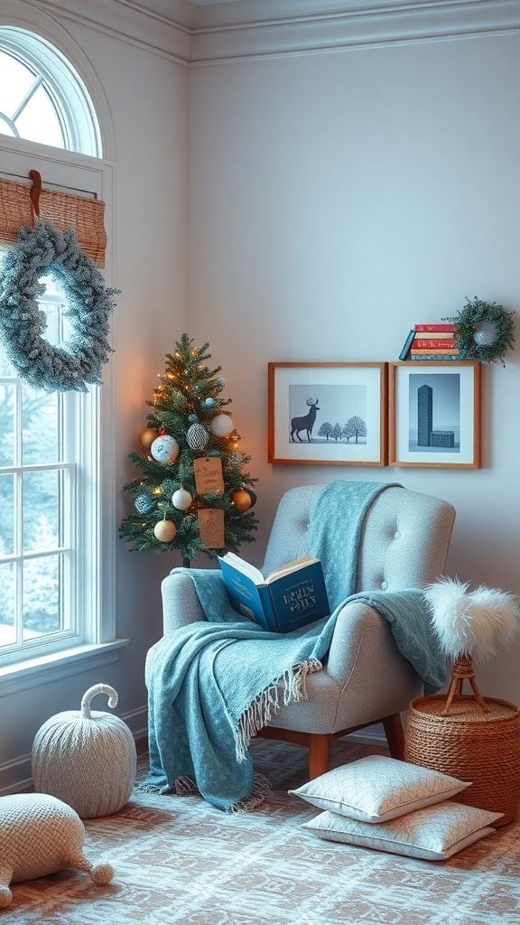 A cozy reading nook with a chair, blankets, a small Christmas tree, and winter decorations.