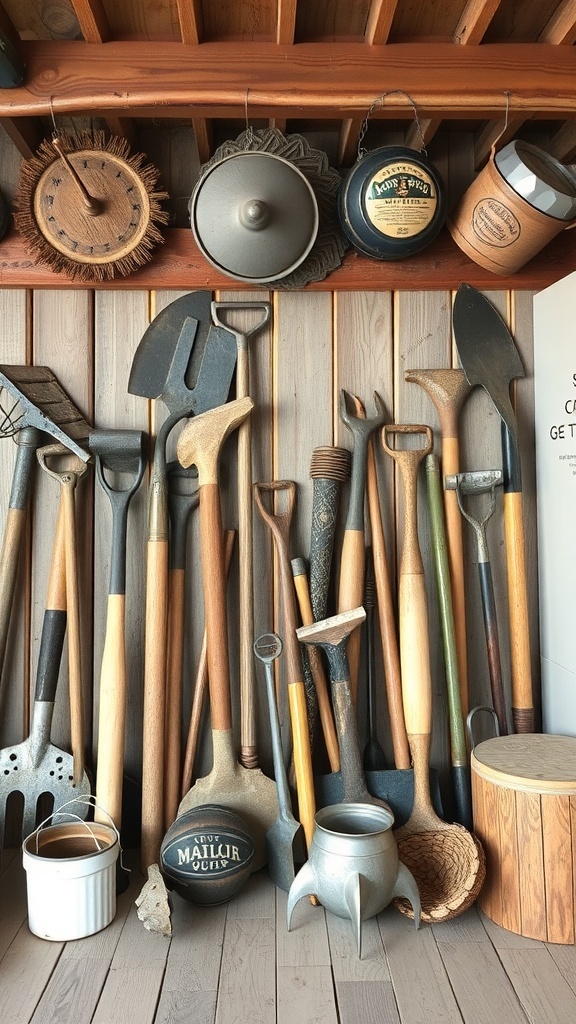 A collection of vintage farm tools and equipment displayed on a wooden wall.