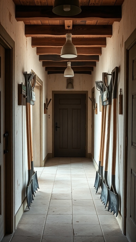 A hallway featuring repurposed farm tools like shovels and rakes as decor.