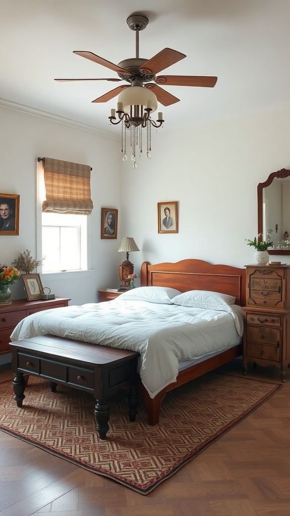 A cozy bedroom featuring a wooden bed, nightstands, and decorative elements.