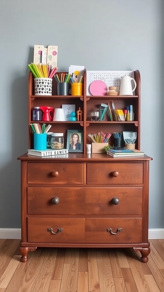 A repurposed wooden dresser with craft supplies organized on top and in drawers.