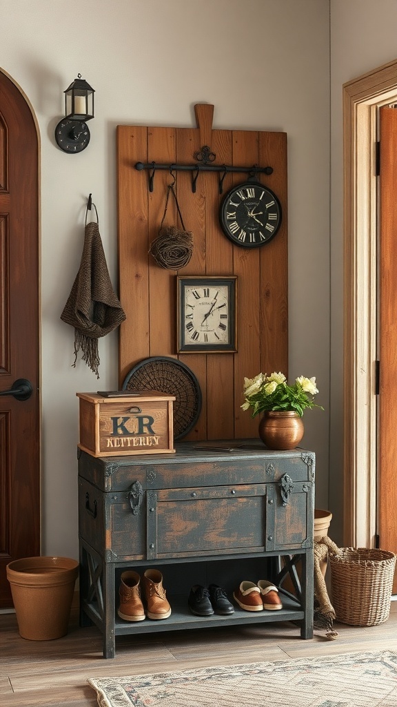 A rustic entryway featuring a vintage trunk, wall decor, and shoe storage.