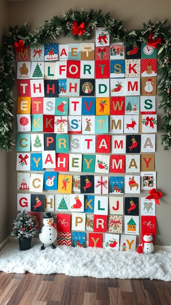 A wall decorated with repurposed holiday cards, featuring various festive designs and colors.