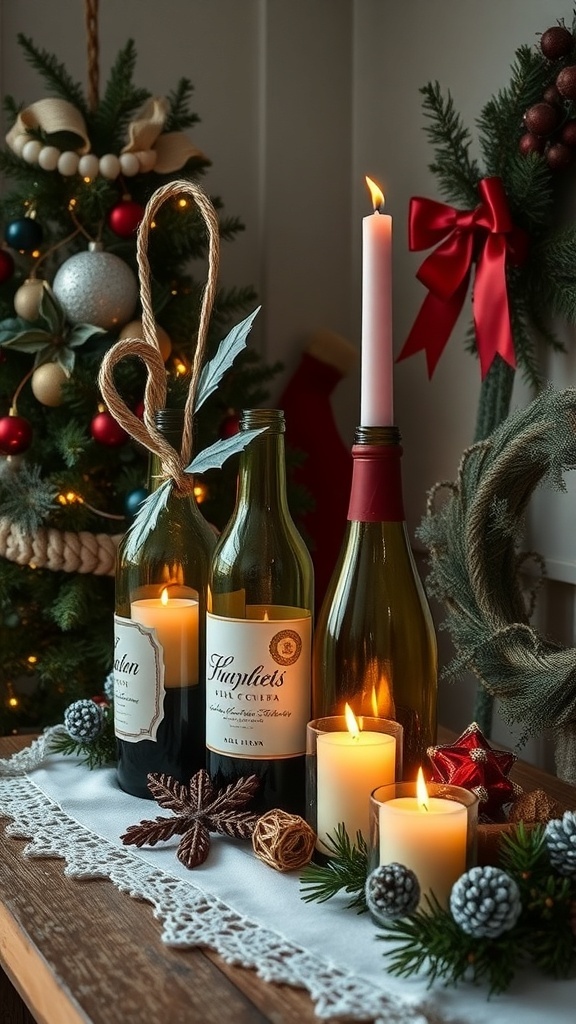 A festive table setting with repurposed wine bottles as candle holders, surrounded by candles and holiday decorations.