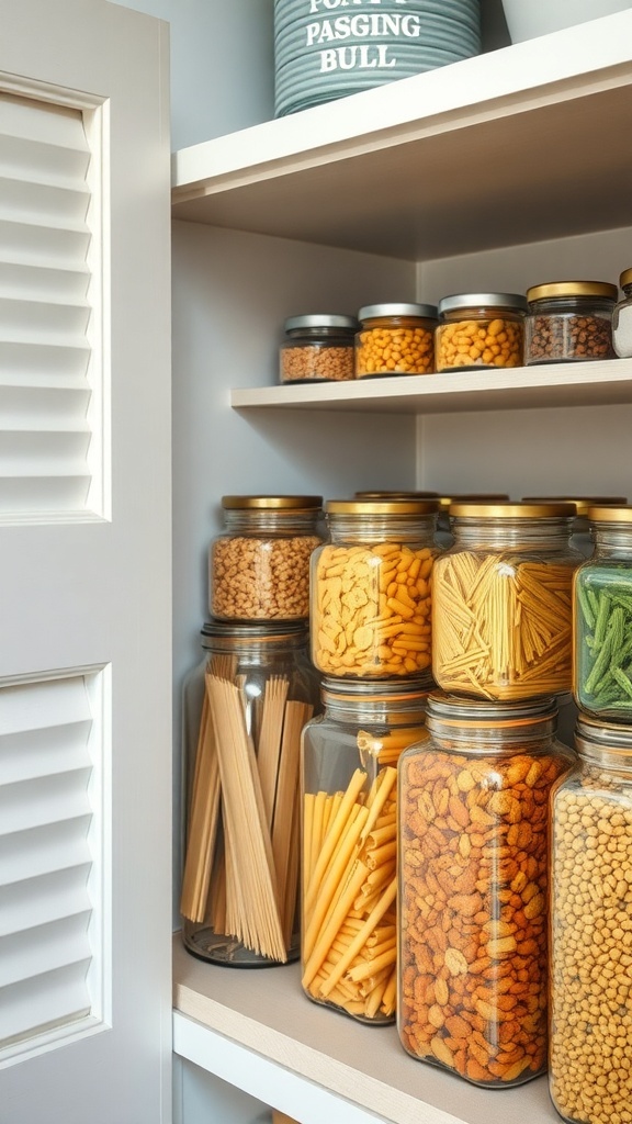 Organized pantry with repurposed jars storing various bulk items.