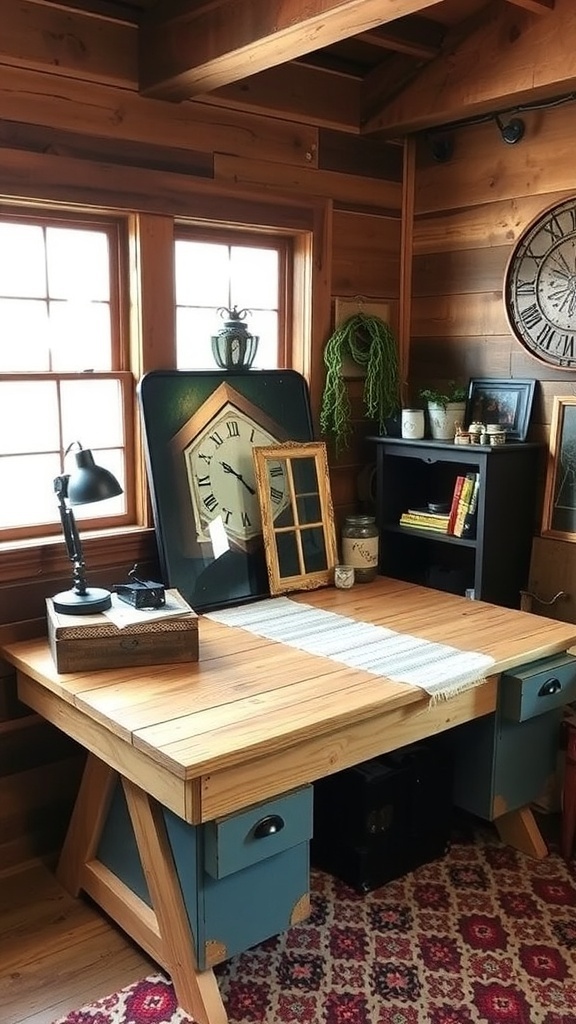 A rustic home office with a wooden desk, vintage clocks, and repurposed decor.