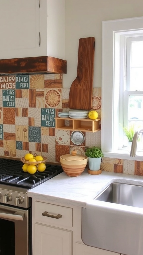 A farmhouse kitchen with a unique backsplash made from repurposed materials.
