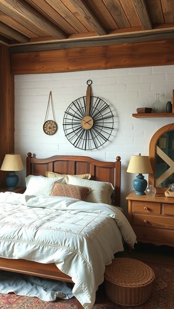 Rustic farmhouse bedroom featuring wooden furniture and vintage decor.
