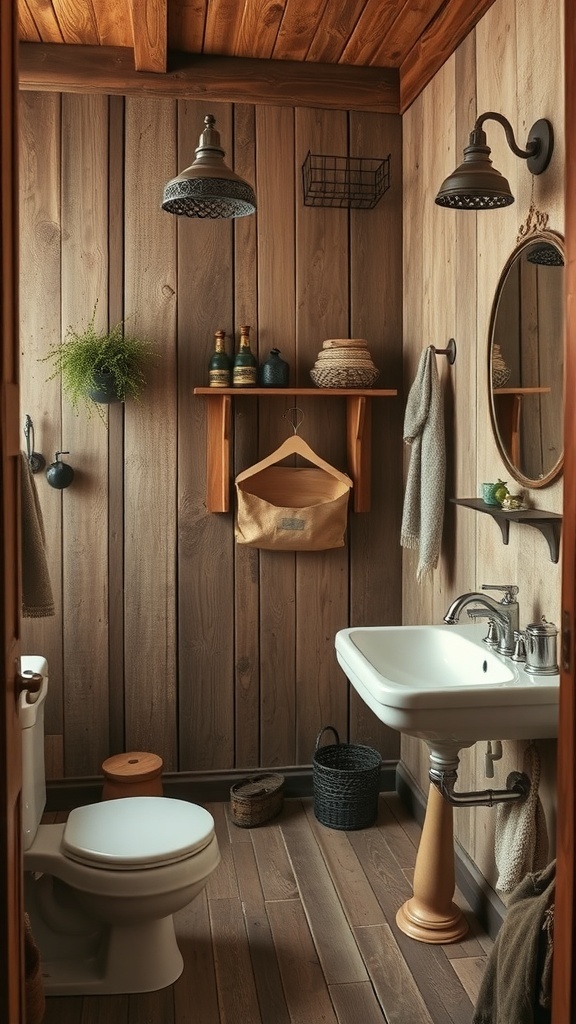 A rustic bathroom featuring wooden walls, vintage lighting, and repurposed decor.