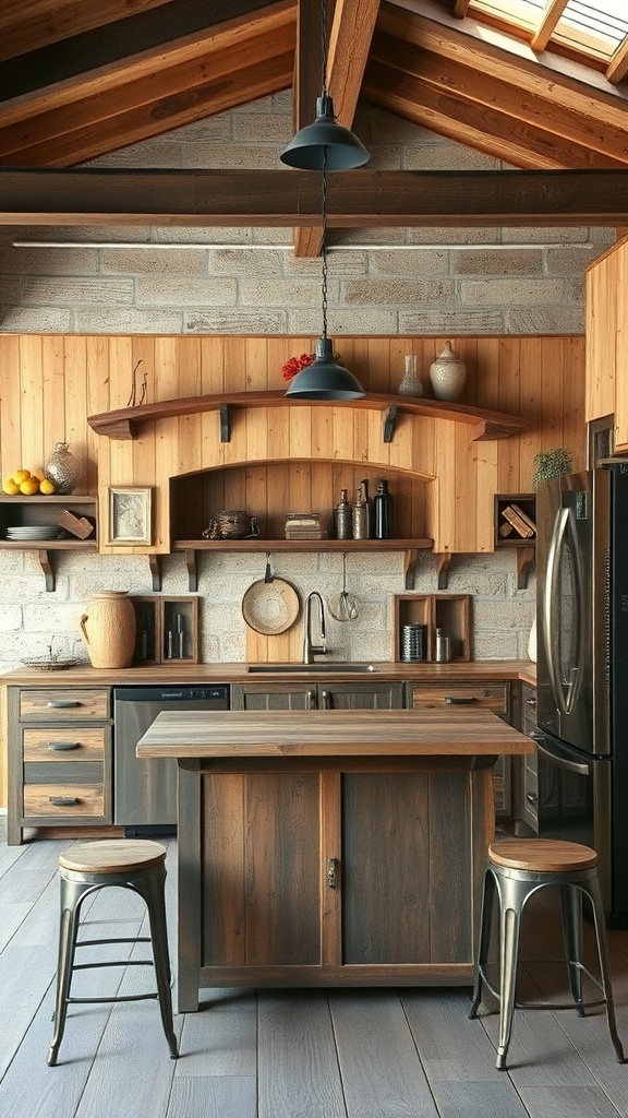 A rustic kitchen featuring repurposed wood and metal elements.