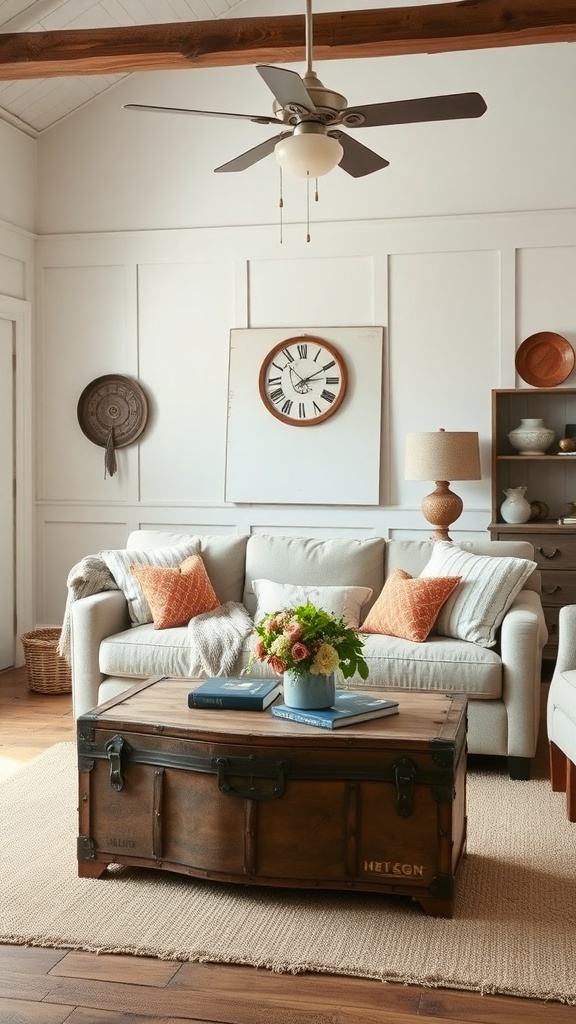 A cozy vintage farmhouse living room featuring a wooden trunk coffee table, soft pillows, and a fresh bouquet.