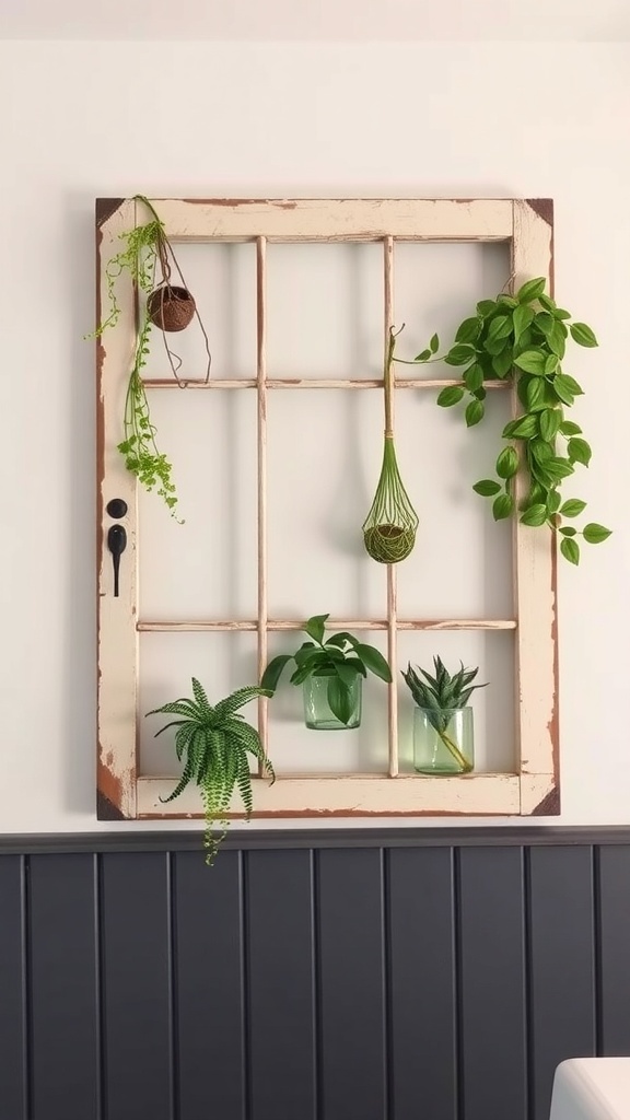 Repurposed window frame with plants in a farmhouse kitchen
