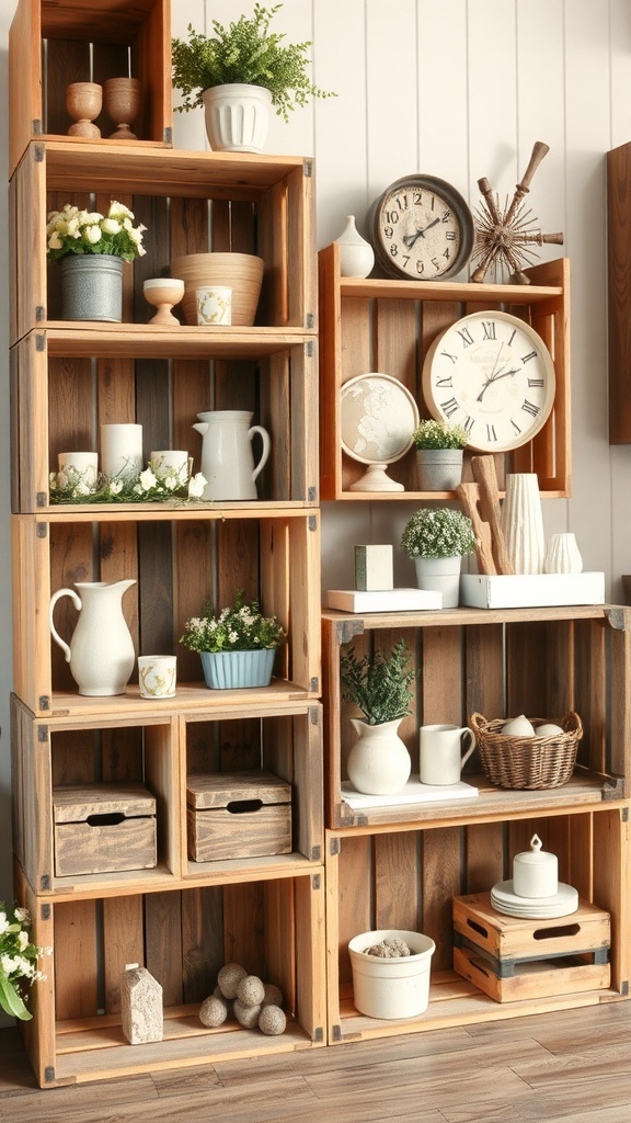 A display of repurposed wooden crates filled with plants and decorative items.