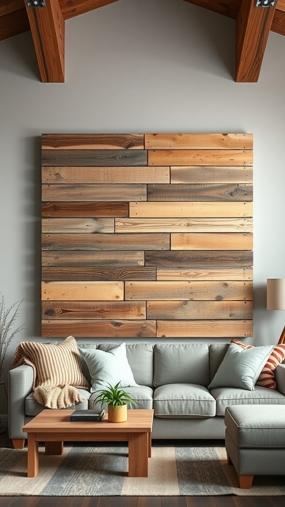 A living room featuring a large wooden pallet art piece on the wall, with a cozy sofa and coffee table.