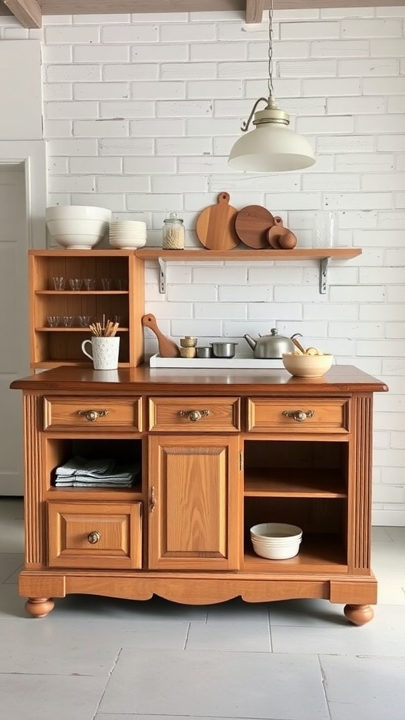 A wooden kitchen island with open shelving and drawers, set against a white brick wall.