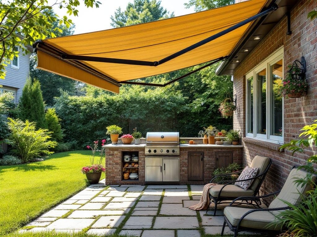 A backyard kitchen with a retractable awning providing shade over a grill and seating area.