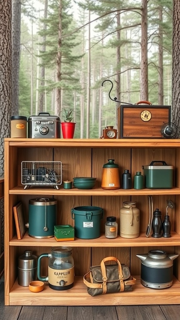 A wooden shelf filled with vintage camping gear, including lanterns, cookware, and a radio, set against a forest backdrop.