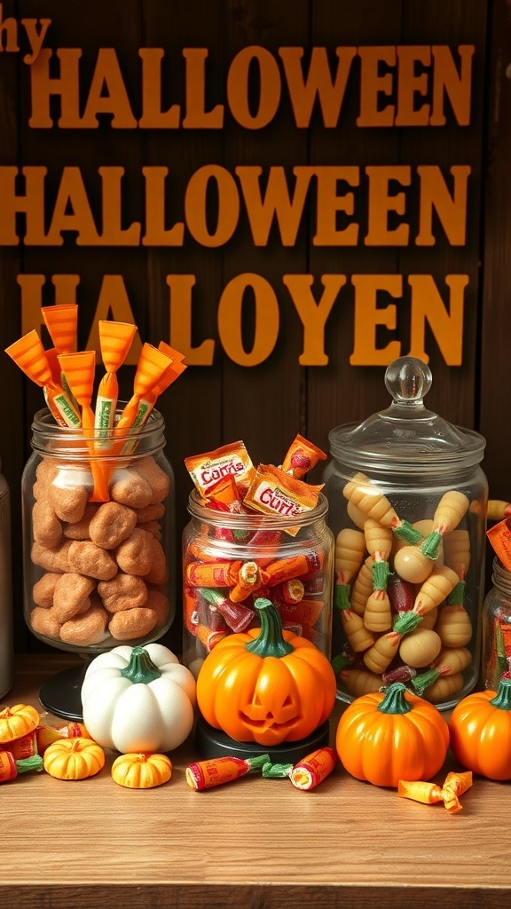 A colorful retro Halloween candy display featuring jars of candy, pumpkins, and festive decorations.