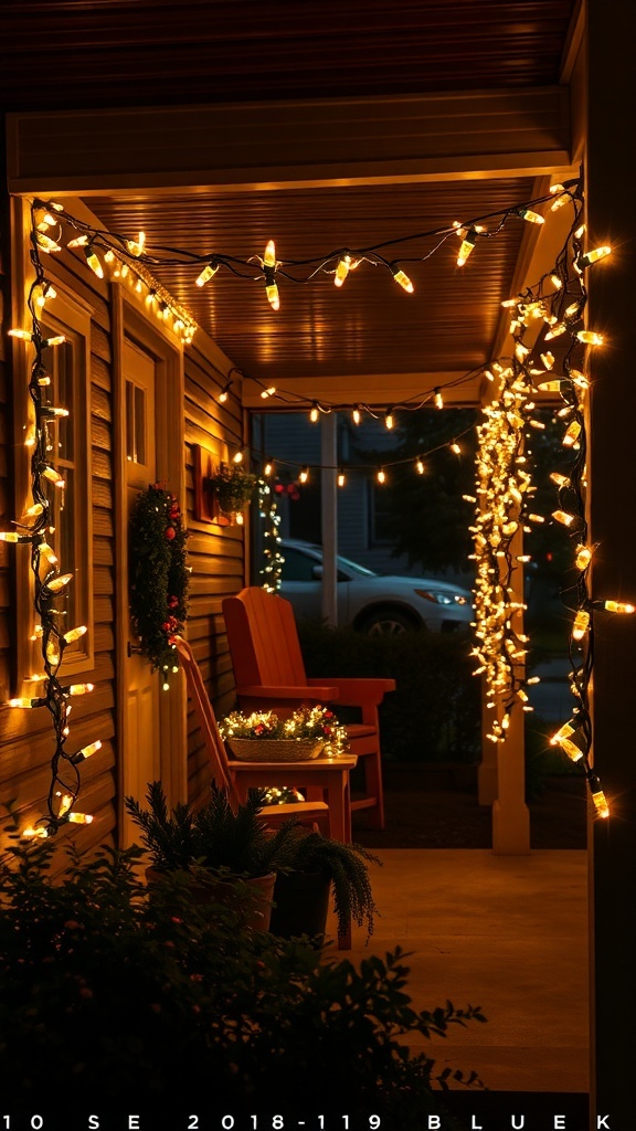 A cozy porch decorated with retro Christmas lights and festive decor.