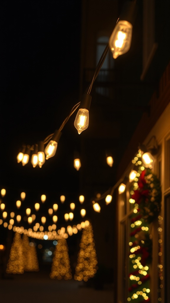 String of retro Christmas lights glowing in the night.