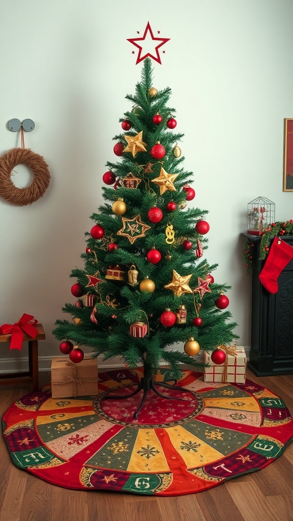 A vintage-inspired Christmas tree skirt with colorful sections and festive designs under a decorated Christmas tree.