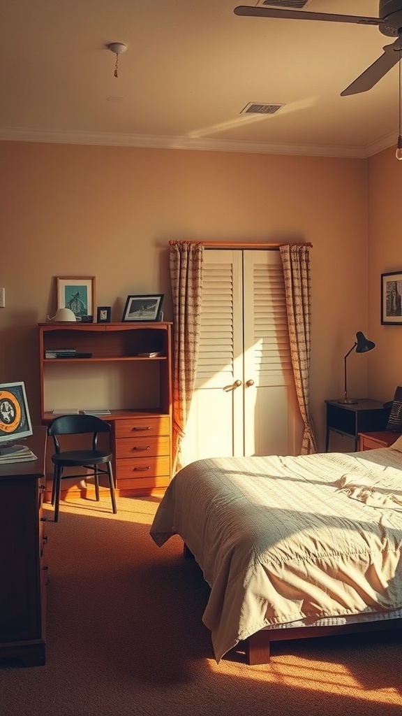 A vintage bedroom with beige walls, wooden furniture, and soft lighting.