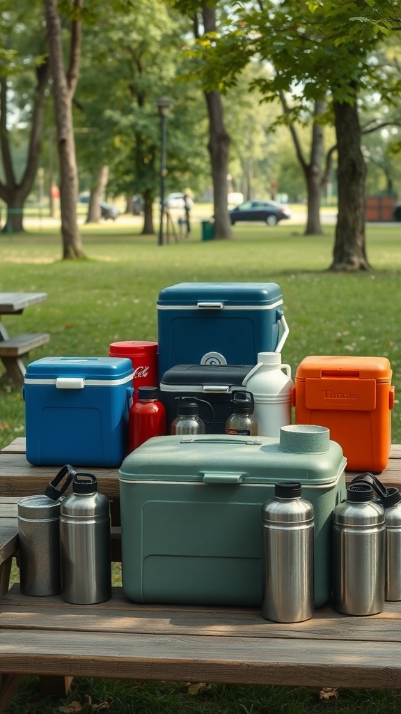 A collection of vintage-style coolers and canteens on a picnic table in a park.