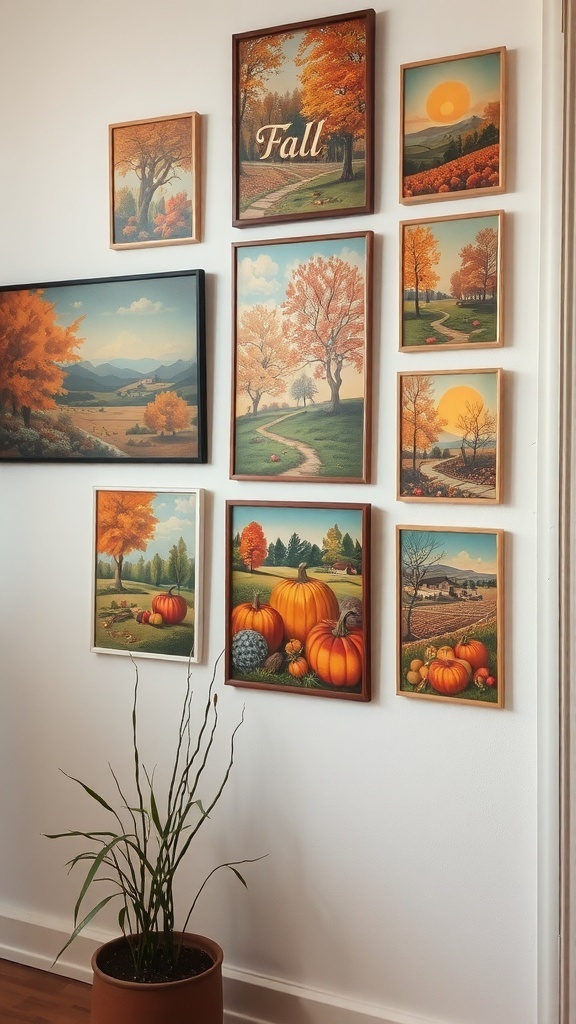 A collection of retro fall artwork featuring pumpkins, trees, and autumn landscapes.