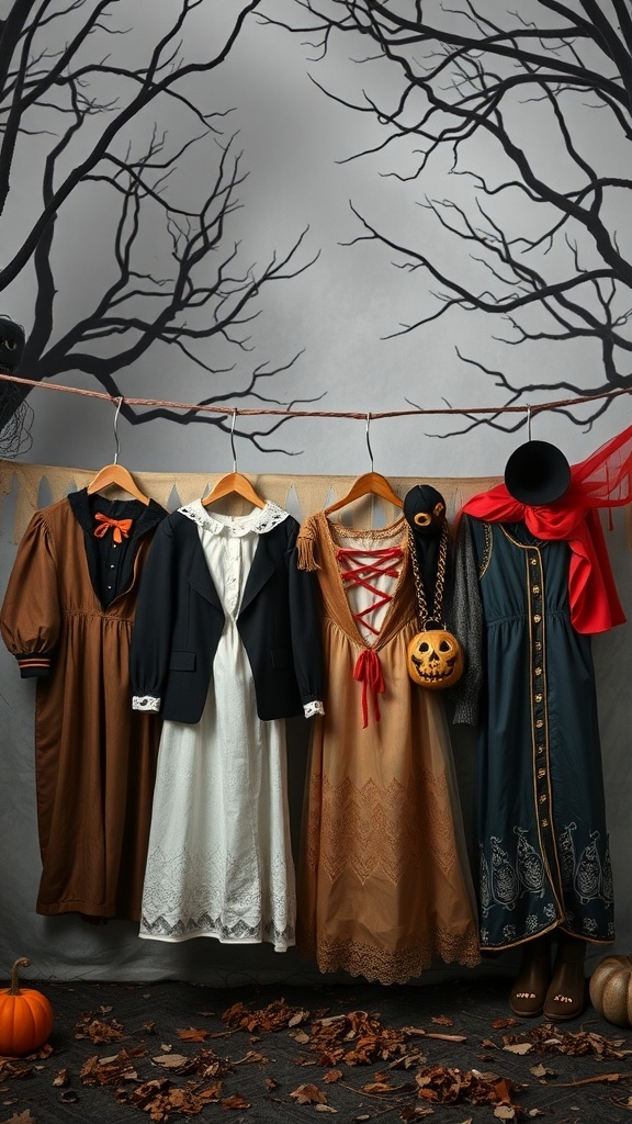 A collection of vintage Halloween costumes hanging on a display, set against a spooky backdrop.