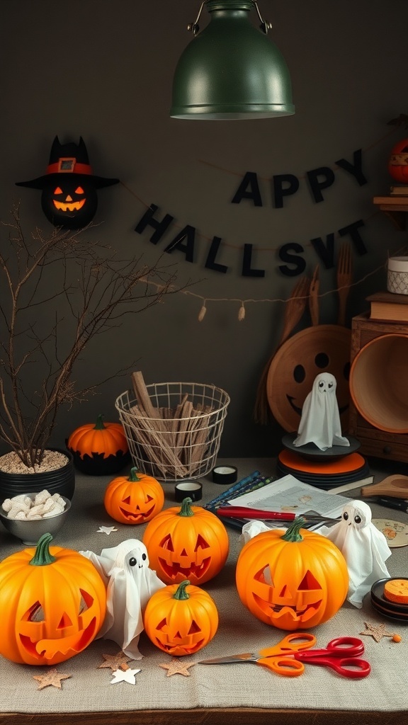A cozy crafting table filled with pumpkins, ghost decorations, and crafting supplies for Halloween.