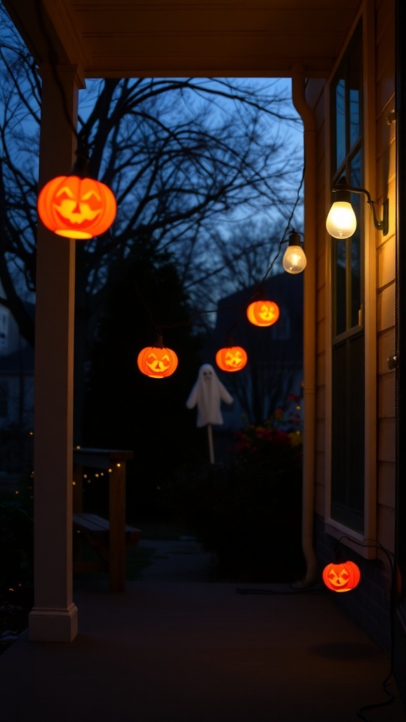 A porch decorated with glowing jack-o'-lantern lights and a ghost figure in the background