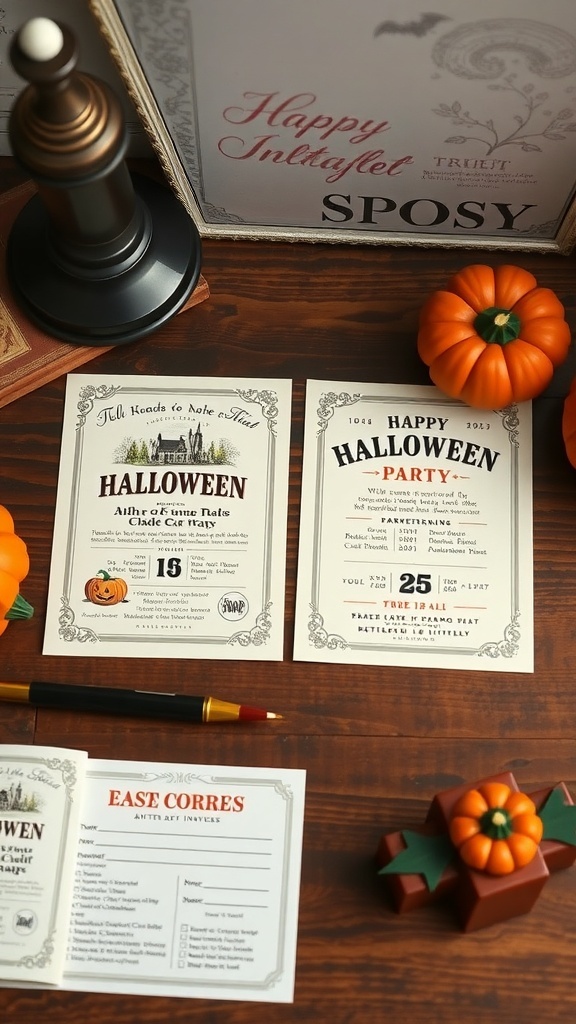 Retro Halloween party invitations with pumpkins and a decorative lamp on a wooden table.