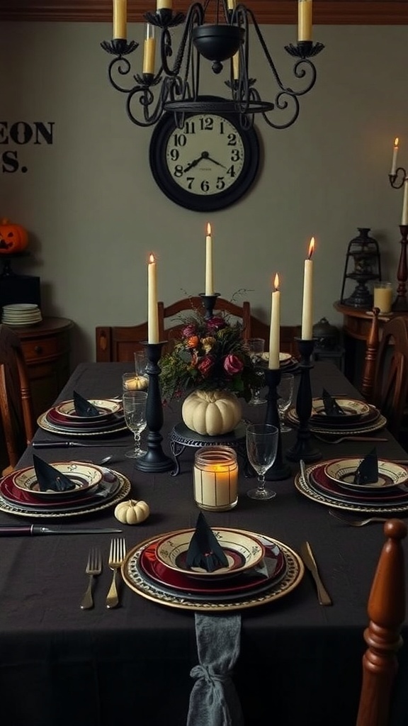 A vintage Halloween table setting with dark tablecloth, elegant plates, candles, and a pumpkin centerpiece.