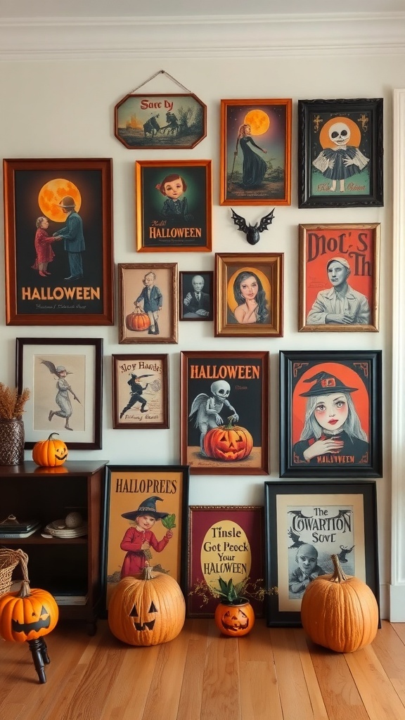 A collection of vintage Halloween wall art featuring spooky and festive designs, framed and displayed on a wall with pumpkins.