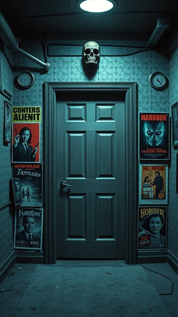 A door decorated with retro horror movie posters and a skull, creating a spooky atmosphere.