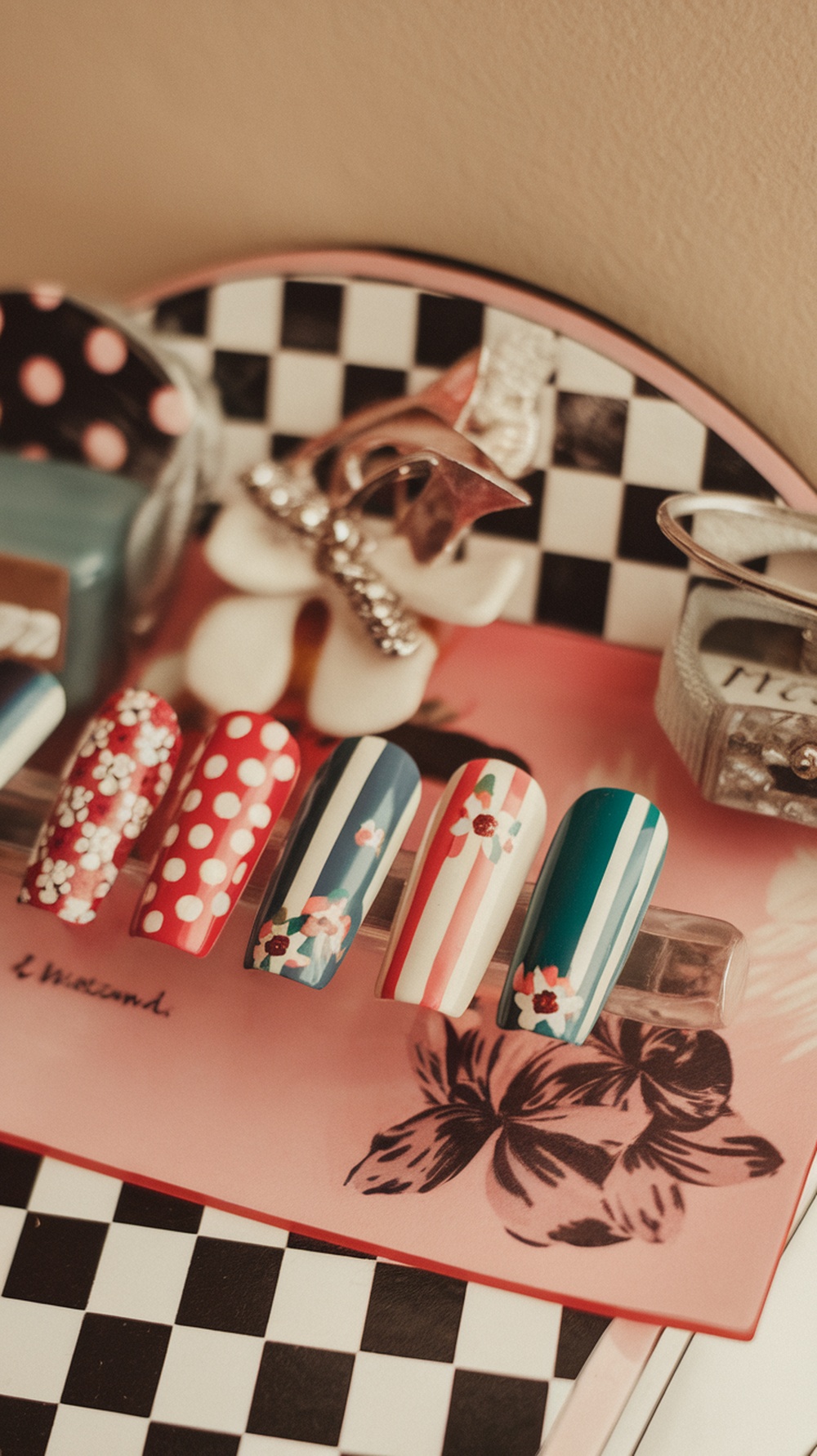 Colorful retro nail art designs with polka dots and floral patterns.