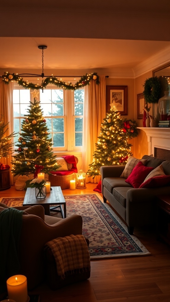 Cozy living room decorated with retro string lights and Christmas trees