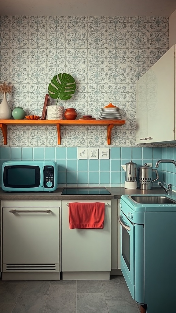 A kitchen featuring retro tile effect wallpaper with a light blue and white pattern.