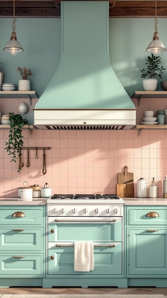 A retro mint green kitchen hood above a white stove with pink tiles and open shelves.