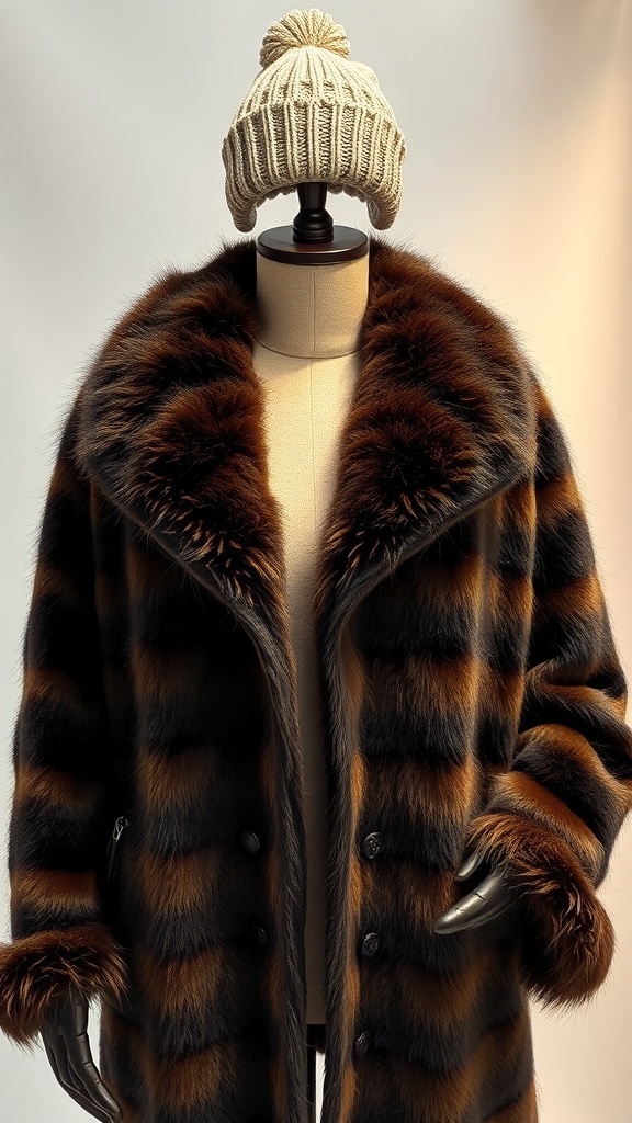 A vintage striped fur coat displayed on a mannequin with a knit beanie on top.