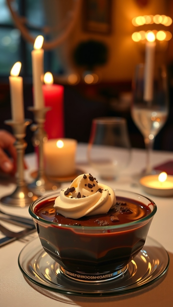 A rich chocolate dessert topped with cream, surrounded by candles and a romantic setting.