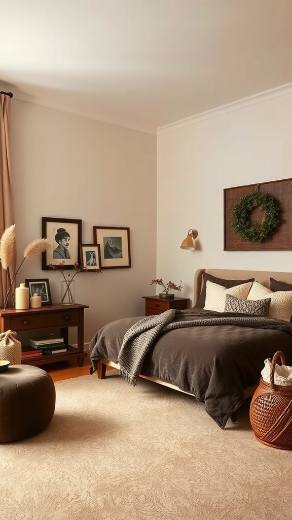 A cozy bedroom featuring chocolate brown bedding and cream accents.