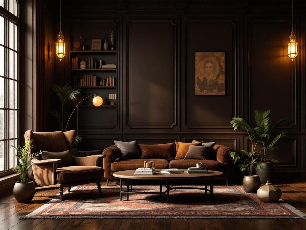 Cozy living room with rich chocolate walls, brown furniture, and warm lighting