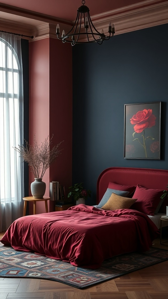 A romantic moody bedroom featuring rich color palettes with dark blue and rose walls, burgundy bedding, and elegant decor.