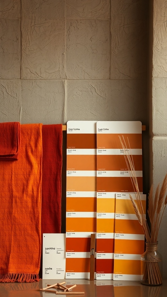 A collection of warm earthy color palettes with paint swatches and a cozy orange towel.