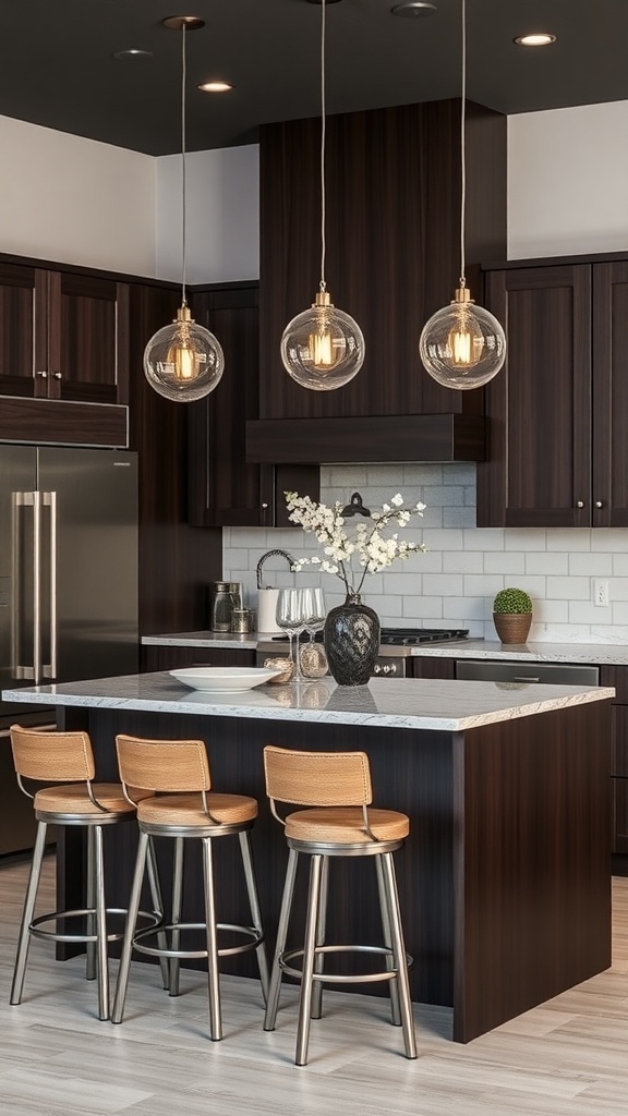 Rich espresso kitchen island with modern bar stools and pendant lighting