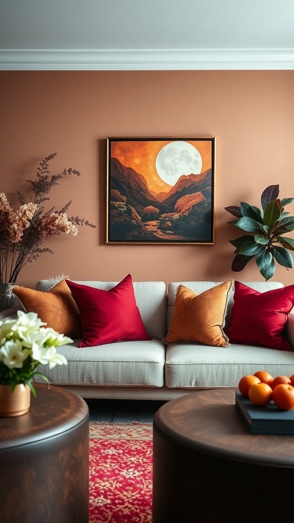 A warm-tone living room featuring jewel tone accents with red and gold pillows, a cozy couch, and a beautiful painting.