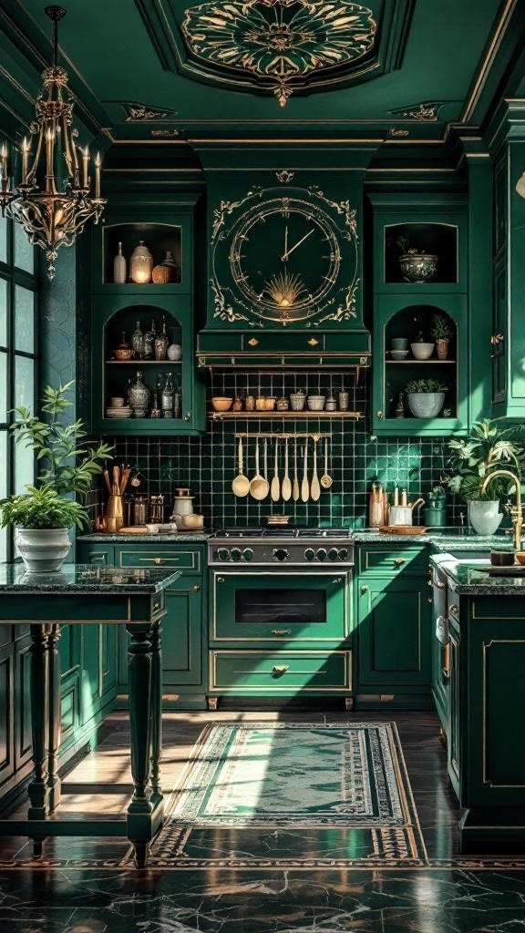 A luxurious kitchen featuring rich emerald green cabinetry, gold accents, and elegant decor.