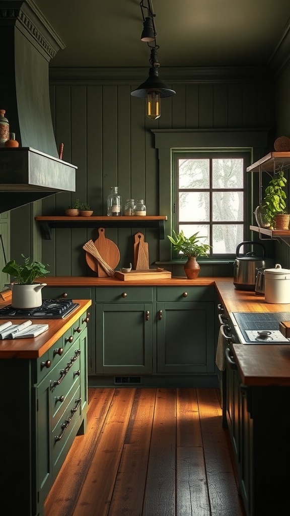 A cozy farmhouse kitchen with rich olive green cabinets and wooden accents.